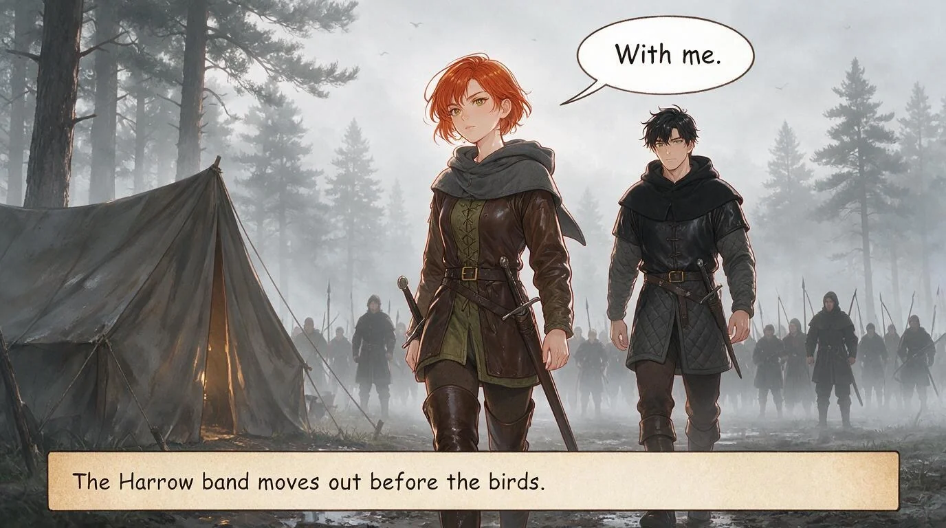 Idony and Warin walking out of a misty forest camp at dawn with the Harrow band behind them